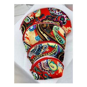 5 Piece Red Venetian Paisley Print Cosmetic Bags  3" 4" 5" 6" 8" Zippers Work